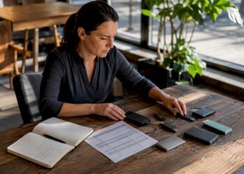 Eine IT-Expertin ordnet Backup-Datenträger an ihrem Arbeitsplatz.