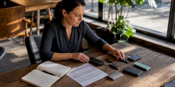 Eine IT-Expertin ordnet Backup-Datenträger an ihrem Arbeitsplatz.