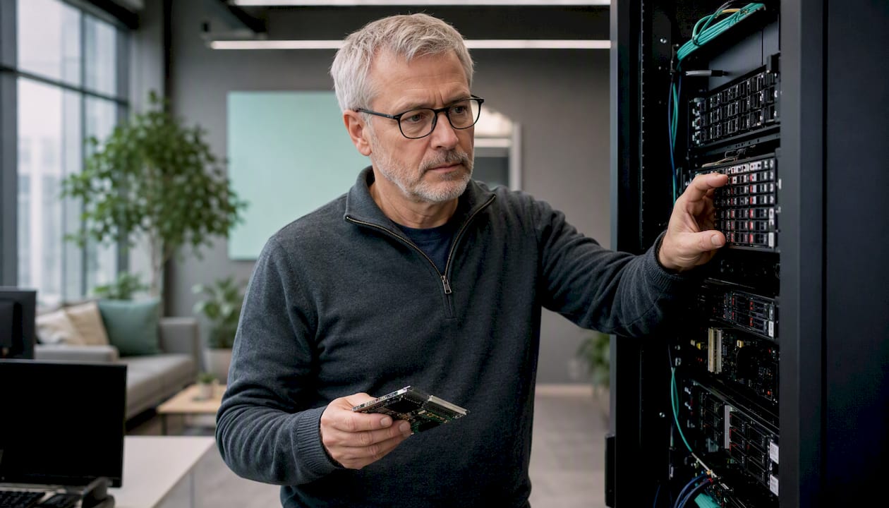 Ein IT-Fachmann kontrolliert die Backup-Systeme im Serverraum.