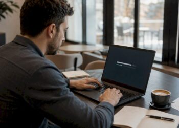 Ein Mann überprüft seinen Windows-Rechner im Homeoffice auf Schadsoftware.
