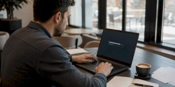 Ein Mann überprüft seinen Windows-Rechner im Homeoffice auf Schadsoftware.