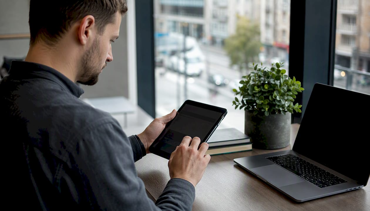 Am Schreibtisch werden Passwörter auf Notizzetteln eingetippt.