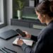 Eine Frau verwaltet ihre Passwörter bequem von zu Hause aus mit einer Passwort-Manager-App.