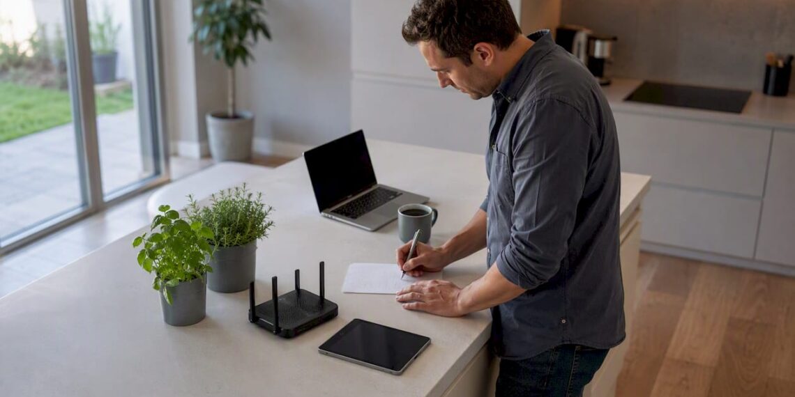Zu Hause schreibt sich ein Mann die Zugangsdaten für seinen WLAN-Router auf.