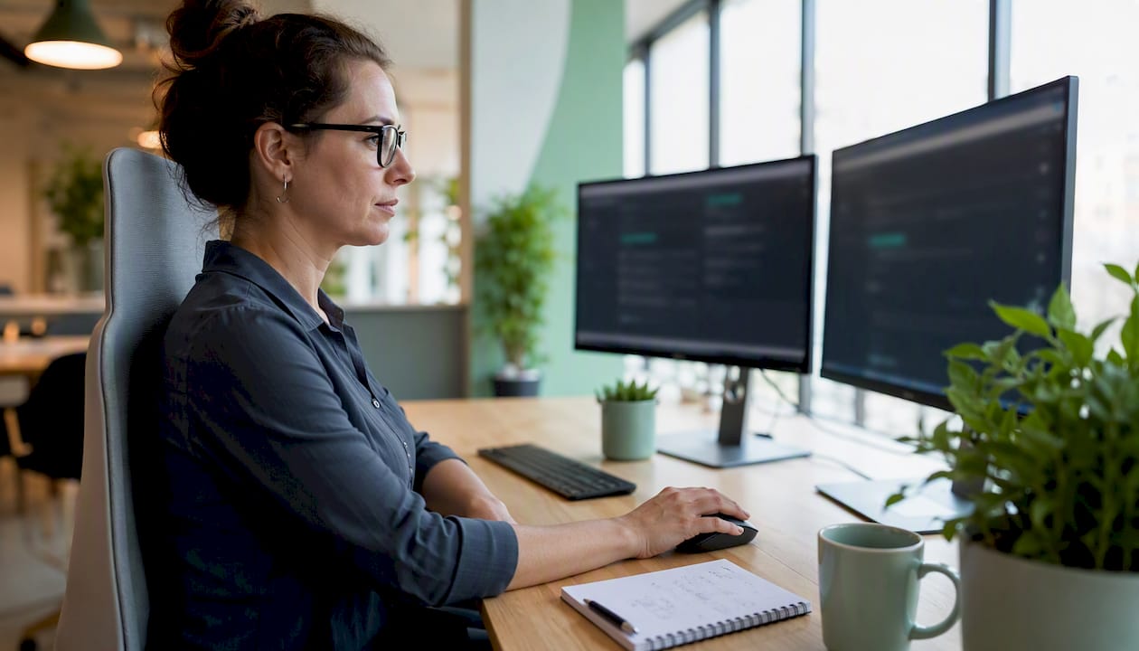 Eine IT-Fachkraft konfiguriert den Router direkt über das Webinterface am Schreibtisch.