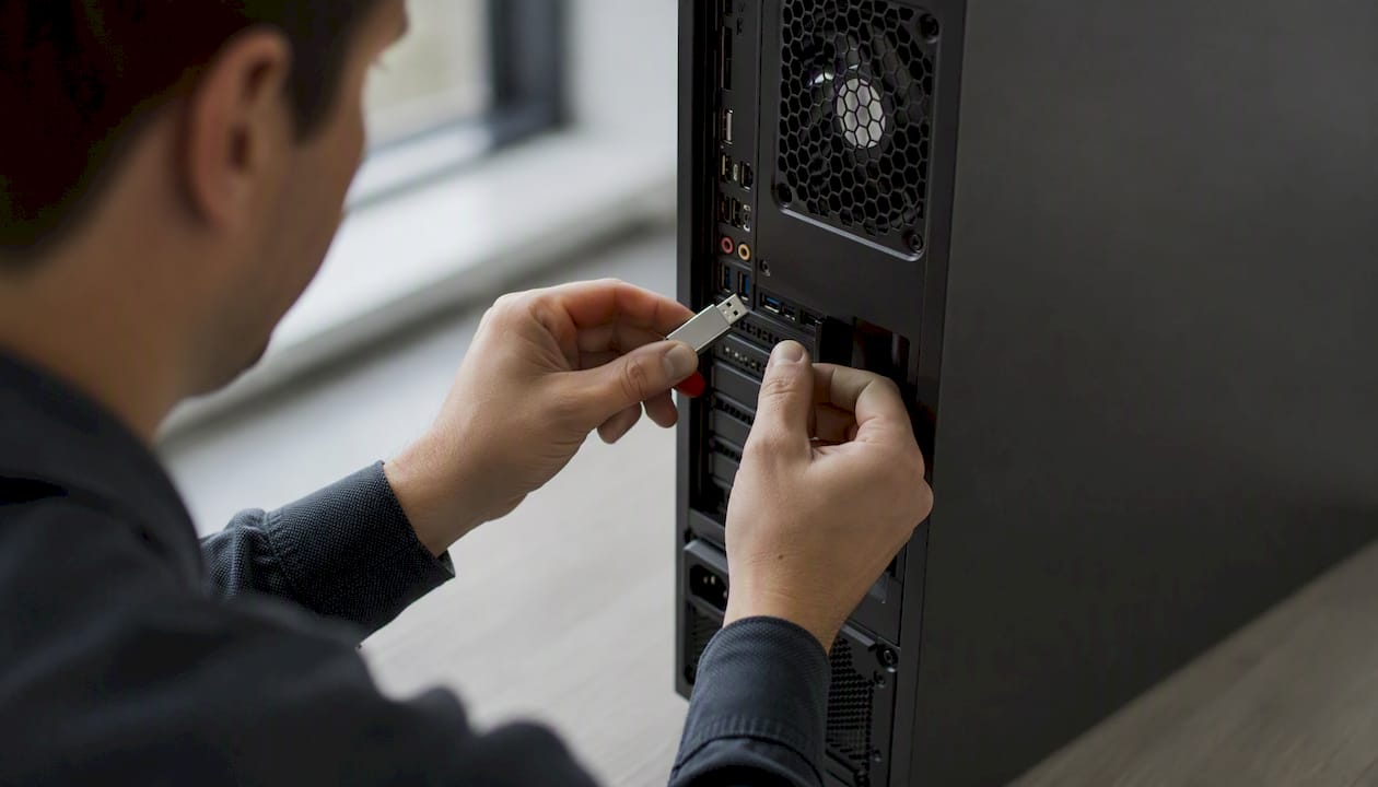 Jemand steckt einen USB-Stick in den PC, um die Treiber neu zu installieren.