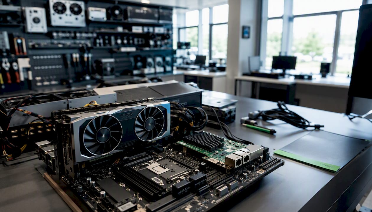 Detailaufnahme einer Grafikkarte und des Mainboards eines PCs