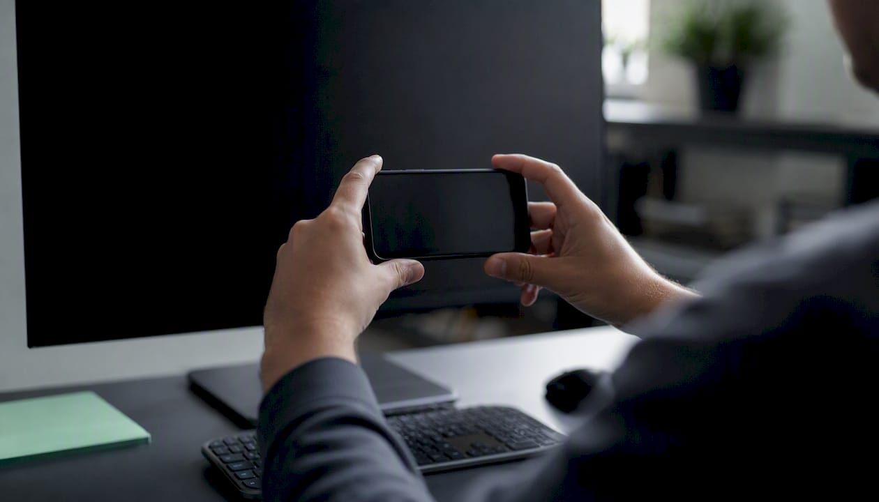 Jemand hält sein Handy und fotografiert den Bluescreen-Fehlercode auf dem Bildschirm.