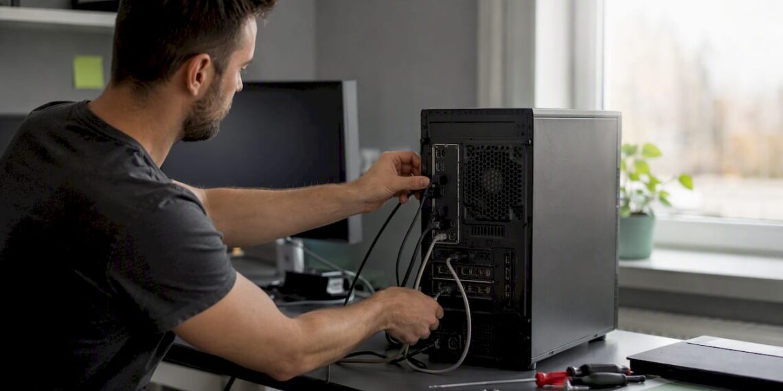 Jemand zieht beim Fehlersuchen die Kabel am PC ab