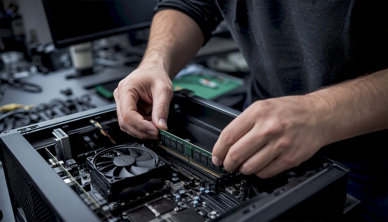 Ein Techniker setzt einen RAM-Riegel zum Testen der Hardware ins Mainboard ein.