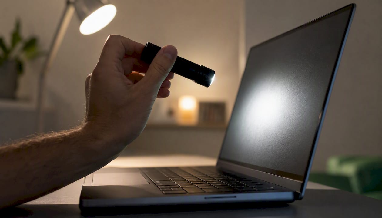Um die Hintergrundbeleuchtung des Laptops zu überprüfen, wird ein Taschenlampe direkt auf das Display gerichtet.