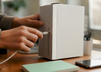 Ein Paar Hände verbindet das iPhone per USB-Kabel mit dem Computer.