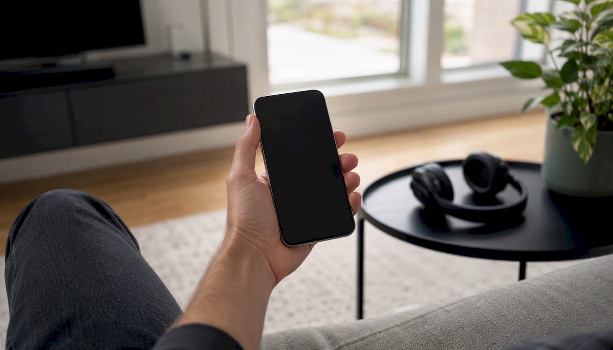 Eine Hand hält ein Smartphone neben einem Bluetooth-Headset.