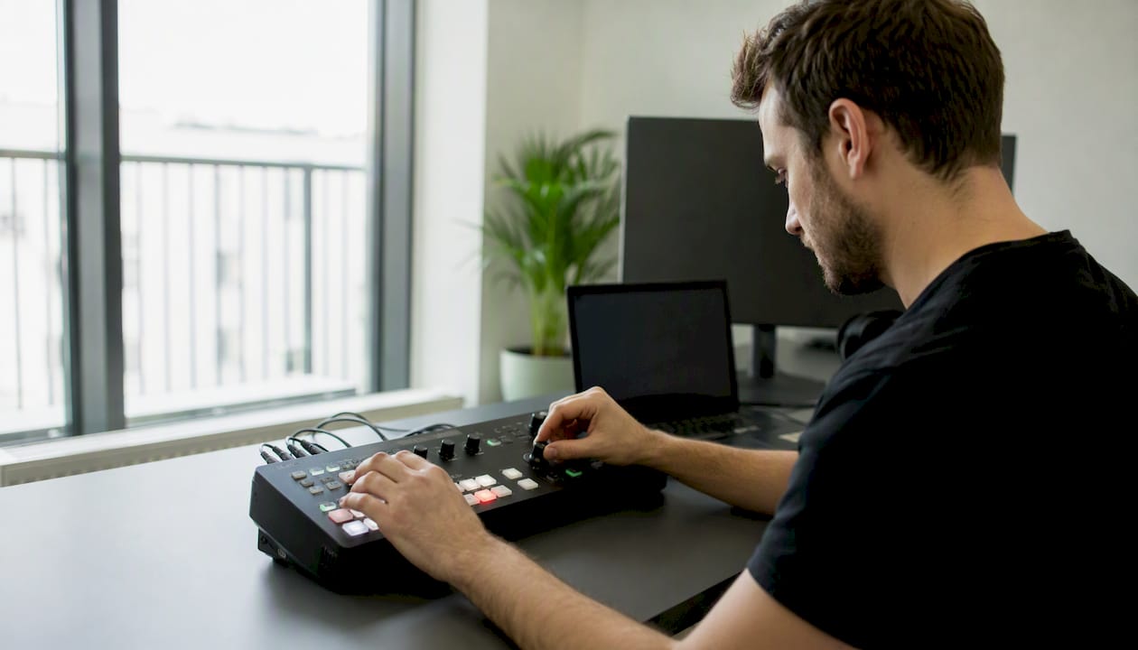 Hände justieren die Regler am Streaming-Equipment