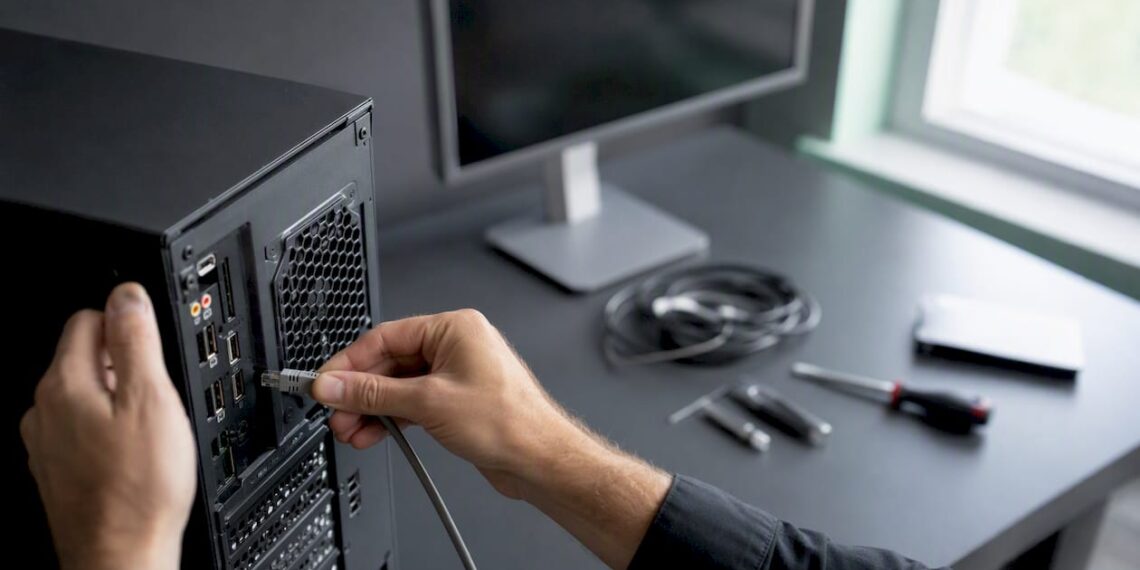 Ein Techniker zieht das Netzwerkkabel vom Rechner ab.
