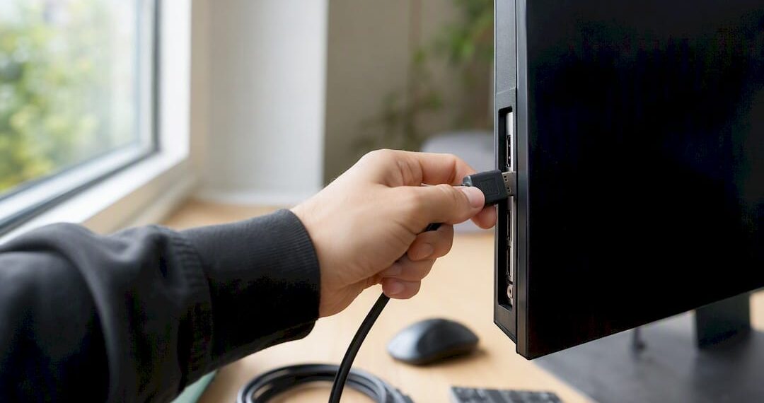 Eine Hand zieht das Kabel aus dem dunklen zweiten Monitor.