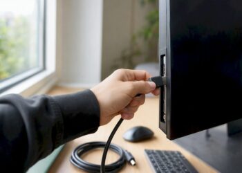 Eine Hand zieht das Kabel aus dem dunklen zweiten Monitor.
