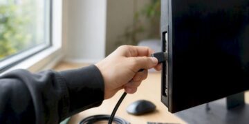 Eine Hand zieht das Kabel aus dem dunklen zweiten Monitor.