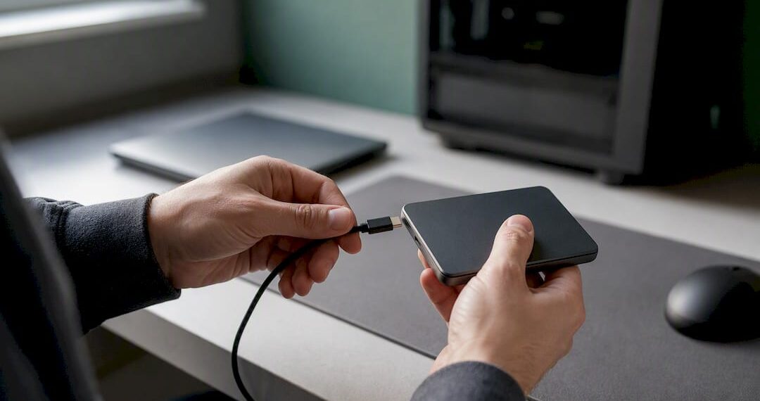 Jemand schließt eine externe SSD an den PC an.