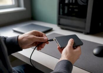 Jemand schließt eine externe SSD an den PC an.
