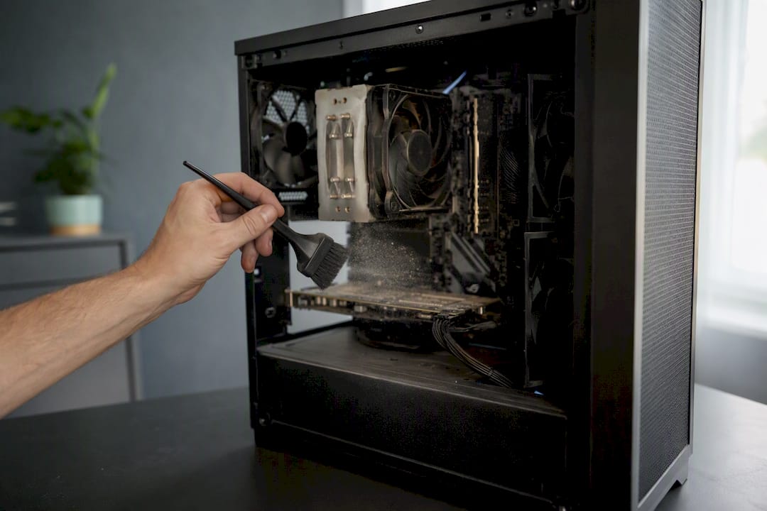 Mit der Hand Staub aus dem Inneren des PC-Gehäuses entfernen