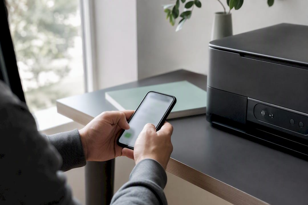 Hände halten ein Smartphone und nutzen die Drucker-App