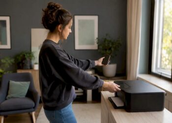Hände richten die WLAN-Verbindung des Druckers ein