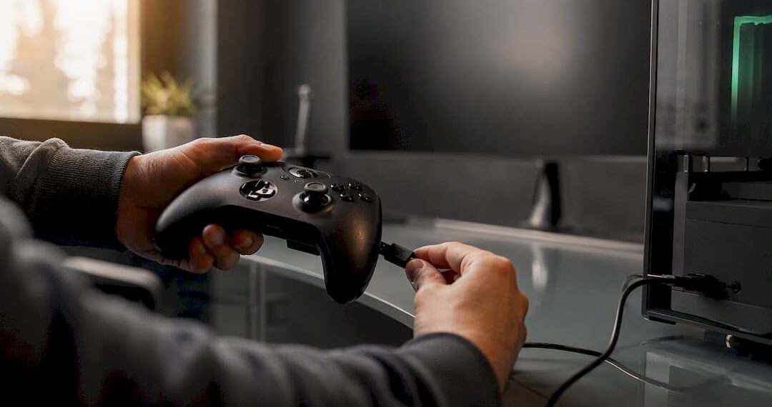 Hände verbinden den Gamecontroller mit einem USB-Kabel