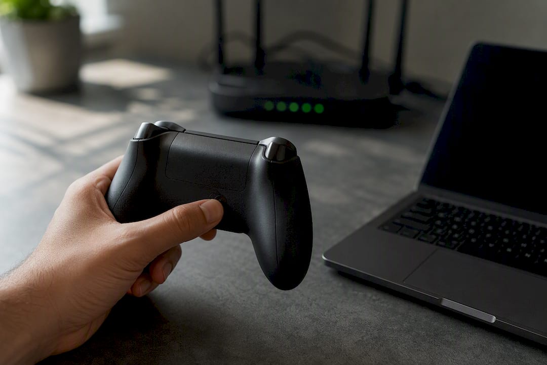 Hand hält Controller, während der Kopplungsknopf gedrückt wird