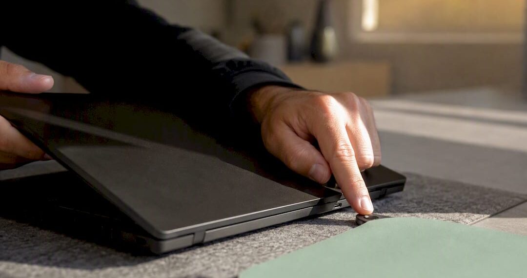 Hände, die den Laptop während eines Windows-Updates neu starten