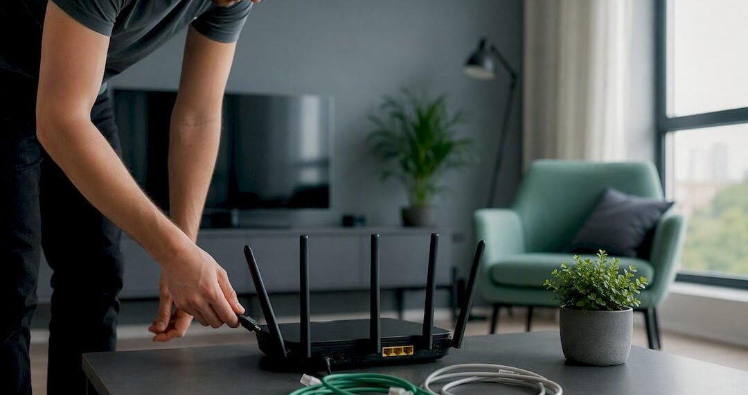 Hände, die das Stromkabel eines WLAN-Routers ausstecken