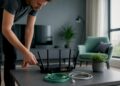 Hände, die das Stromkabel eines WLAN-Routers ausstecken