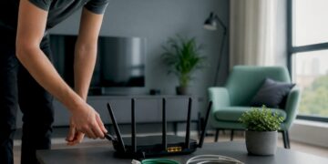 Hände, die das Stromkabel eines WLAN-Routers ausstecken