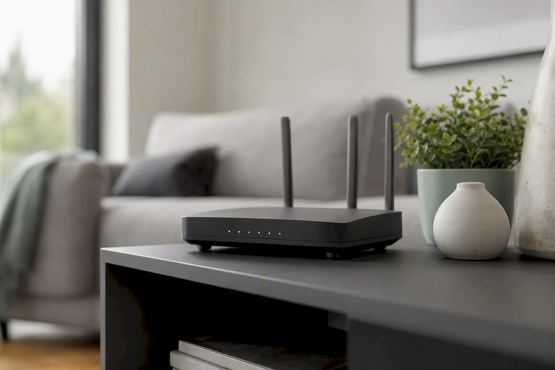 WLAN-Router auf einem Regal im Wohnzimmer hochgestellt