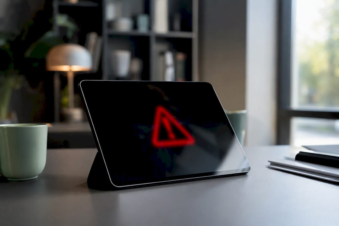 Dunkles Tablet mit reflektiertem Warnsymbol