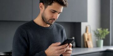 Hände prüfen verdächtige E-Mail auf dem Smartphone