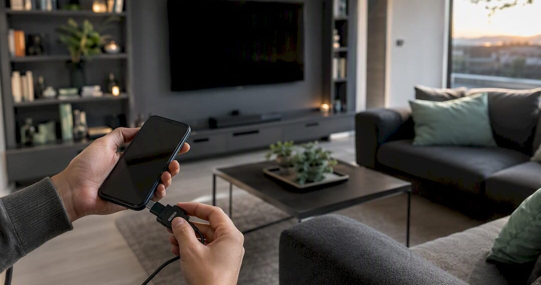 Hände verbinden Smartphone mit dem Fernseher per Kabel