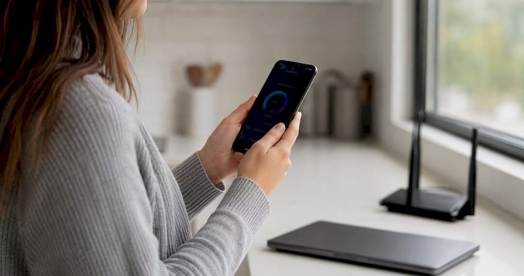 Frau führt einen WLAN-Geschwindigkeitstest auf dem Smartphone durch