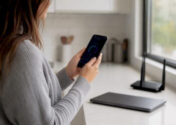 Frau führt einen WLAN-Geschwindigkeitstest auf dem Smartphone durch