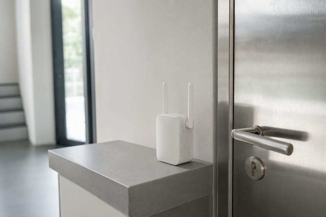 WLAN-Repeater neben einer Metalltür, die das Signal blockiert