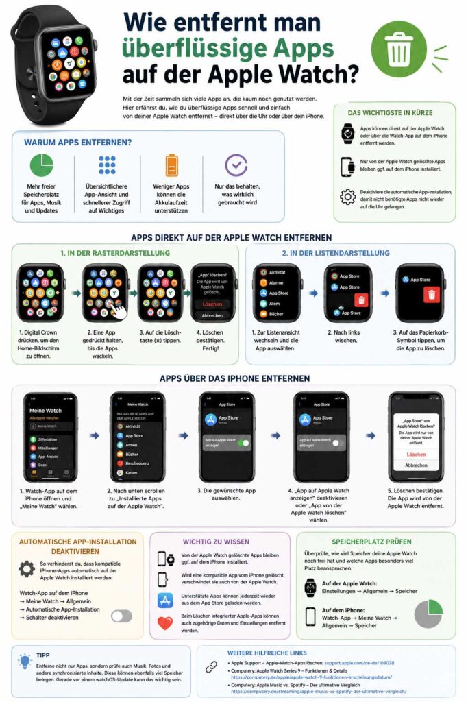 Apple Watch, Apple Watch Apps löschen, überflüssige Apps auf der Apple Watch, Apps entfernen, Apple Watch Speicher, Watch App, watchOS, Apps deinstallieren, Apple Watch aufräumen, Apple Watch Speicherplatz, Apps über iPhone löschen, automatische App-Installation, Apple Watch Einstellungen, Apple Watch Anleitung