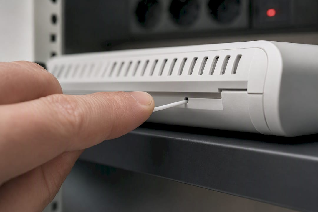 Finger drückt den Reset-Knopf am Router