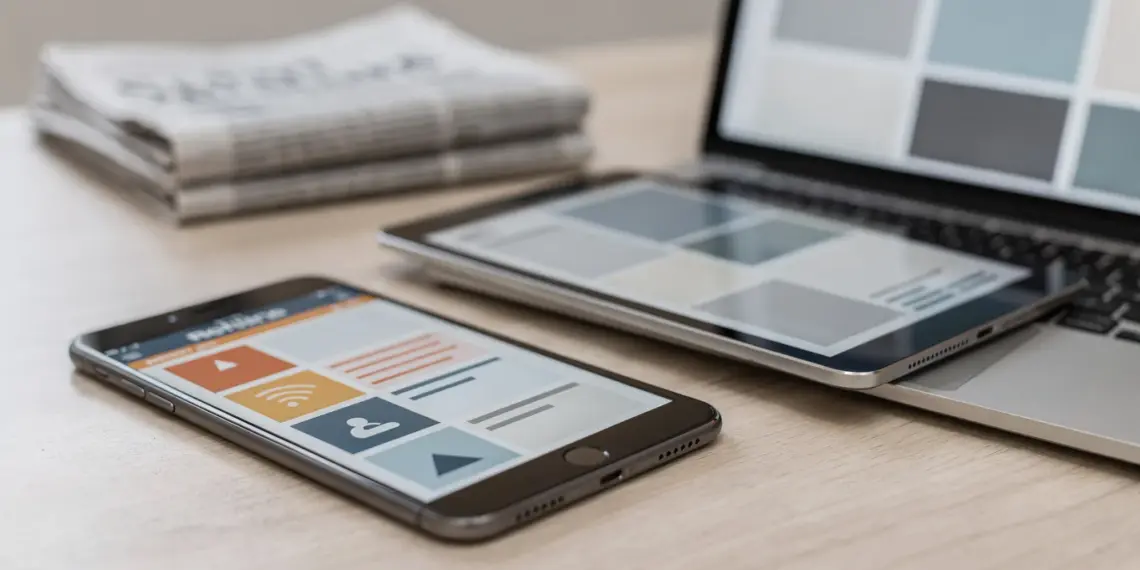 Smartphone mit RSS-Reader, daneben Tablet und Laptop mit Nachrichtenfeeds für Berliner Nachrichten.