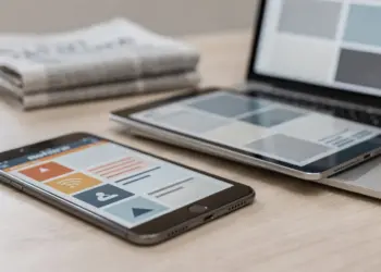 Smartphone mit RSS-Reader, daneben Tablet und Laptop mit Nachrichtenfeeds für Berliner Nachrichten.