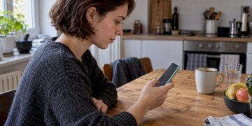 Studentin konfiguriert privates DNS auf dem Android-Smartphone