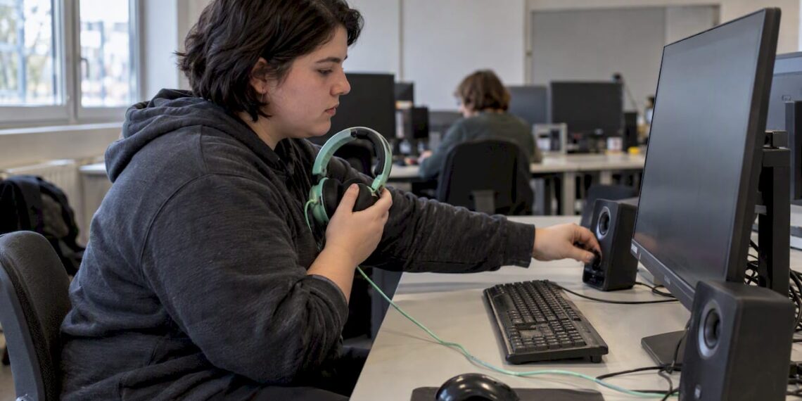 Die Studentin kontrolliert die Audioausgabe am PC