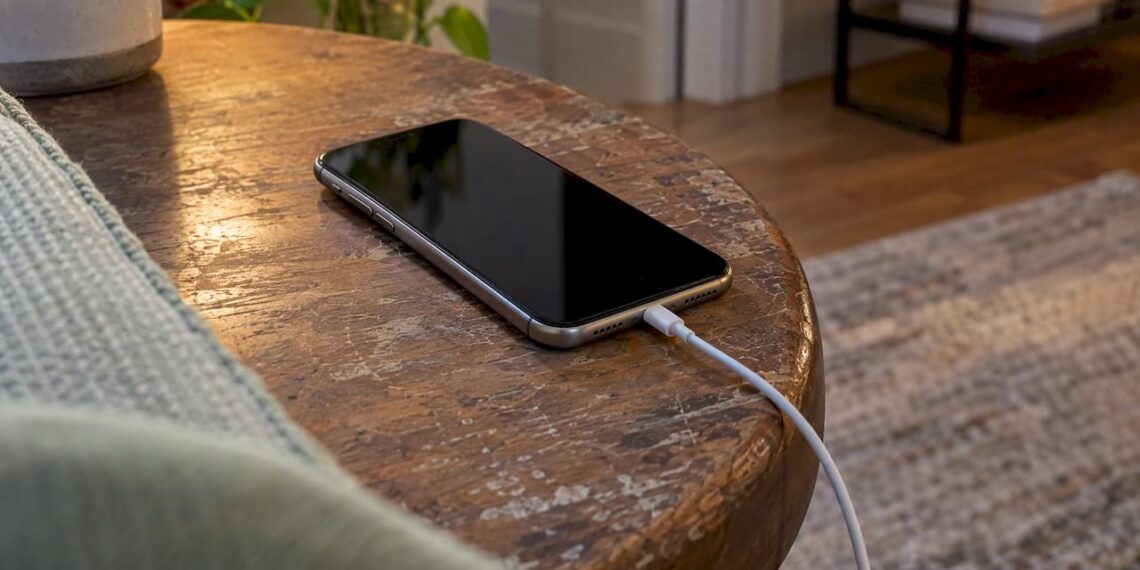 iPhone mit Ladekabel auf einem Nachttisch
