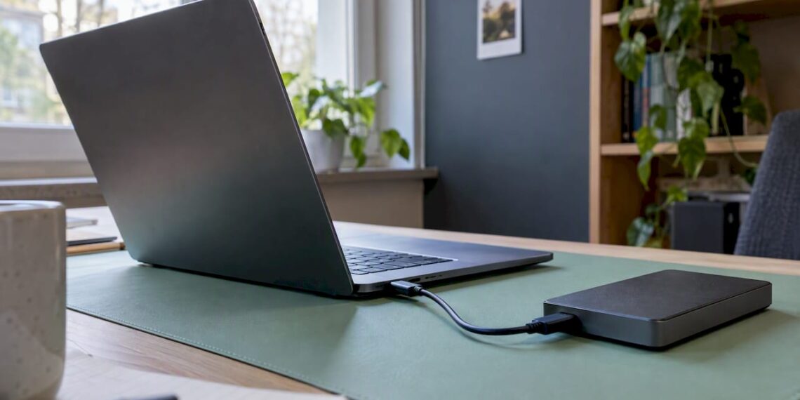 MacBook mit einem externen Backup-Laufwerk verbunden